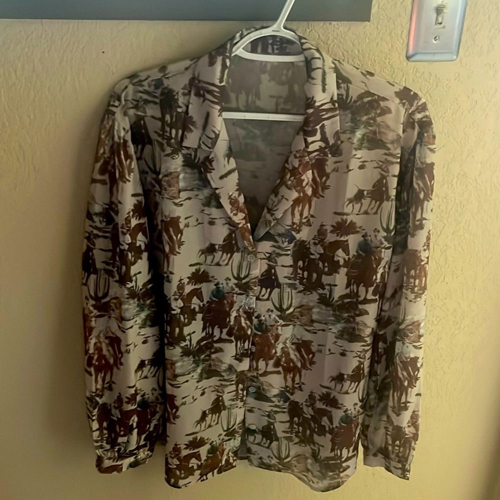 Turquoise Haven, long sleeved, cowboy print button-down blouse